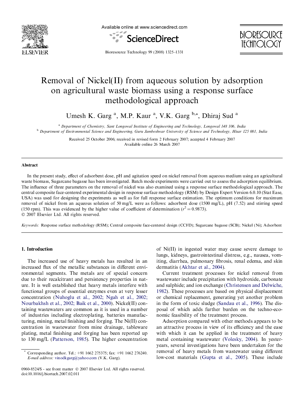 Removal of Nickel(II) from aqueous solution by adsorption on agricultural waste biomass using a response surface methodological approach