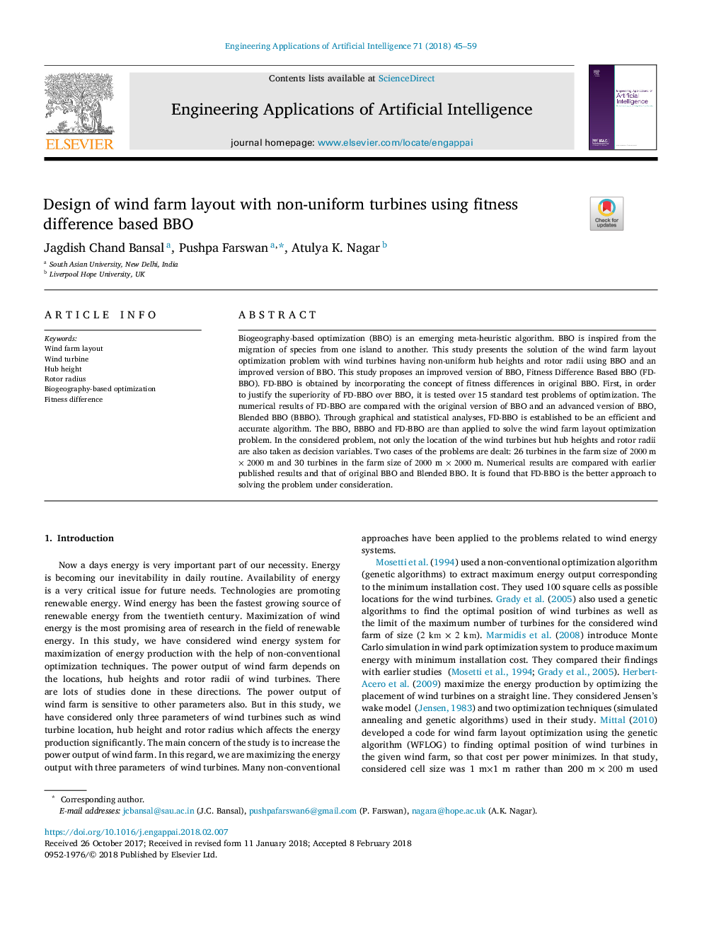 Design of wind farm layout with non-uniform turbines using fitness difference based BBO