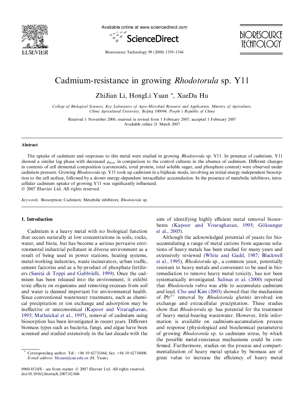 Cadmium-resistance in growing Rhodotorula sp. Y11