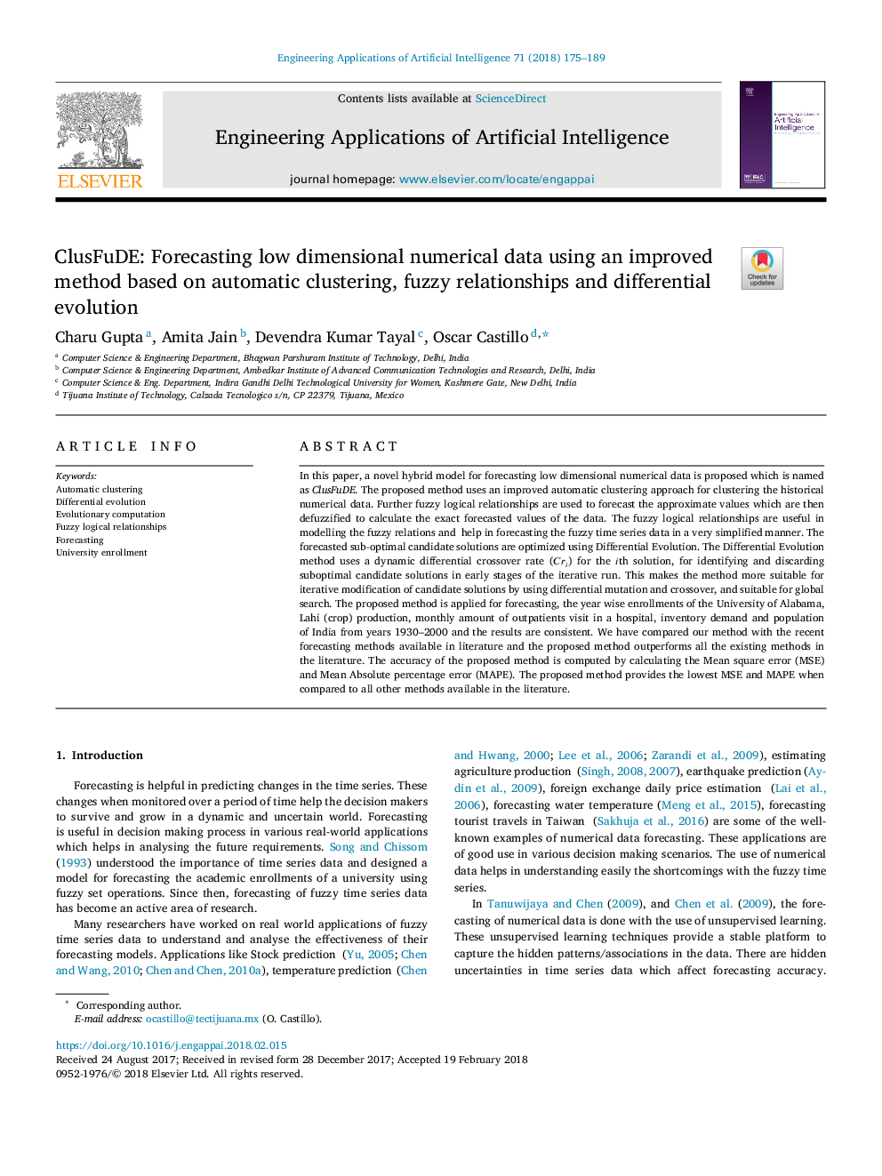 ClusFuDE: Forecasting low dimensional numerical data using an improved method based on automatic clustering, fuzzy relationships and differential evolution