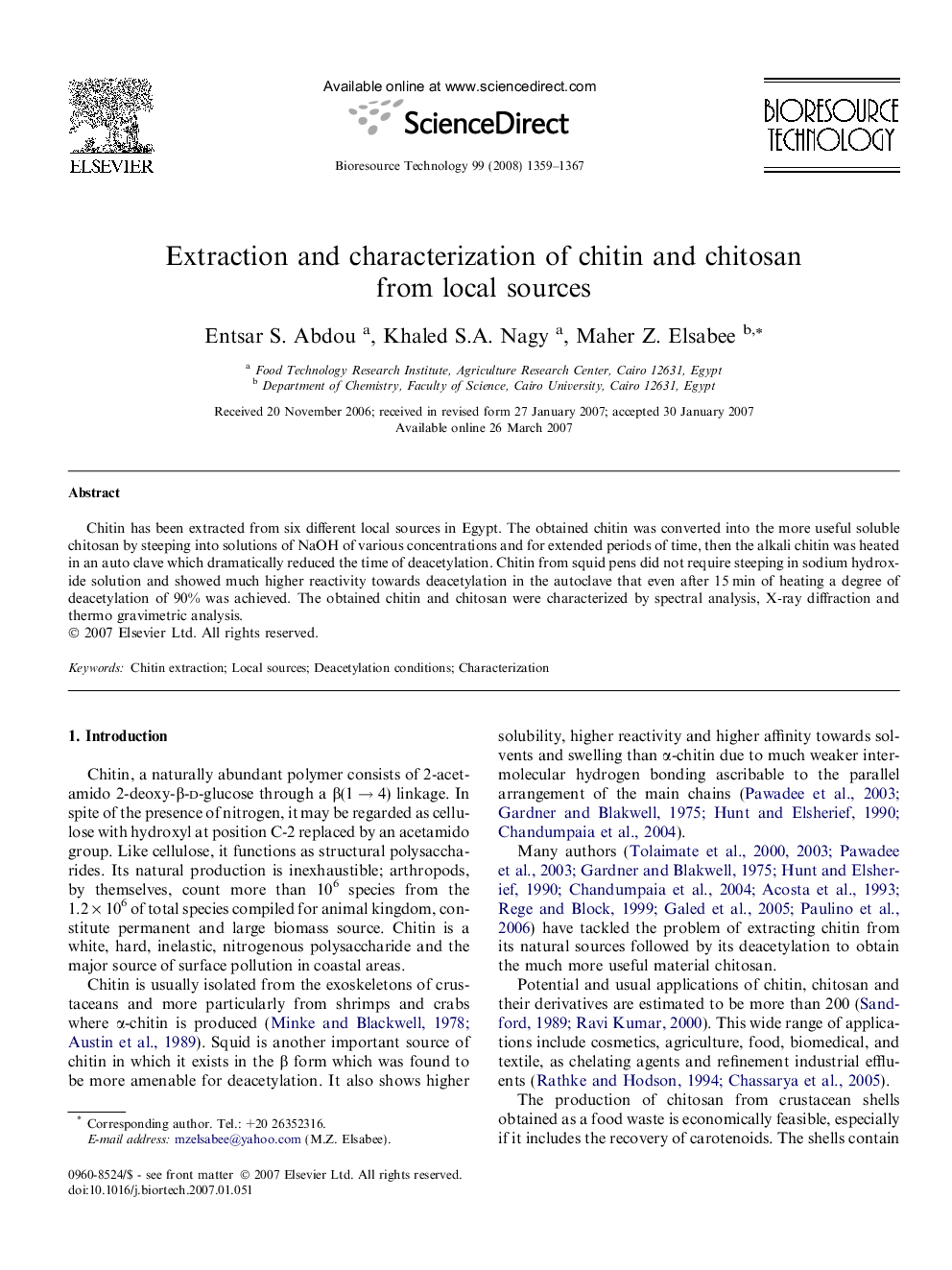 Extraction and characterization of chitin and chitosan from local sources