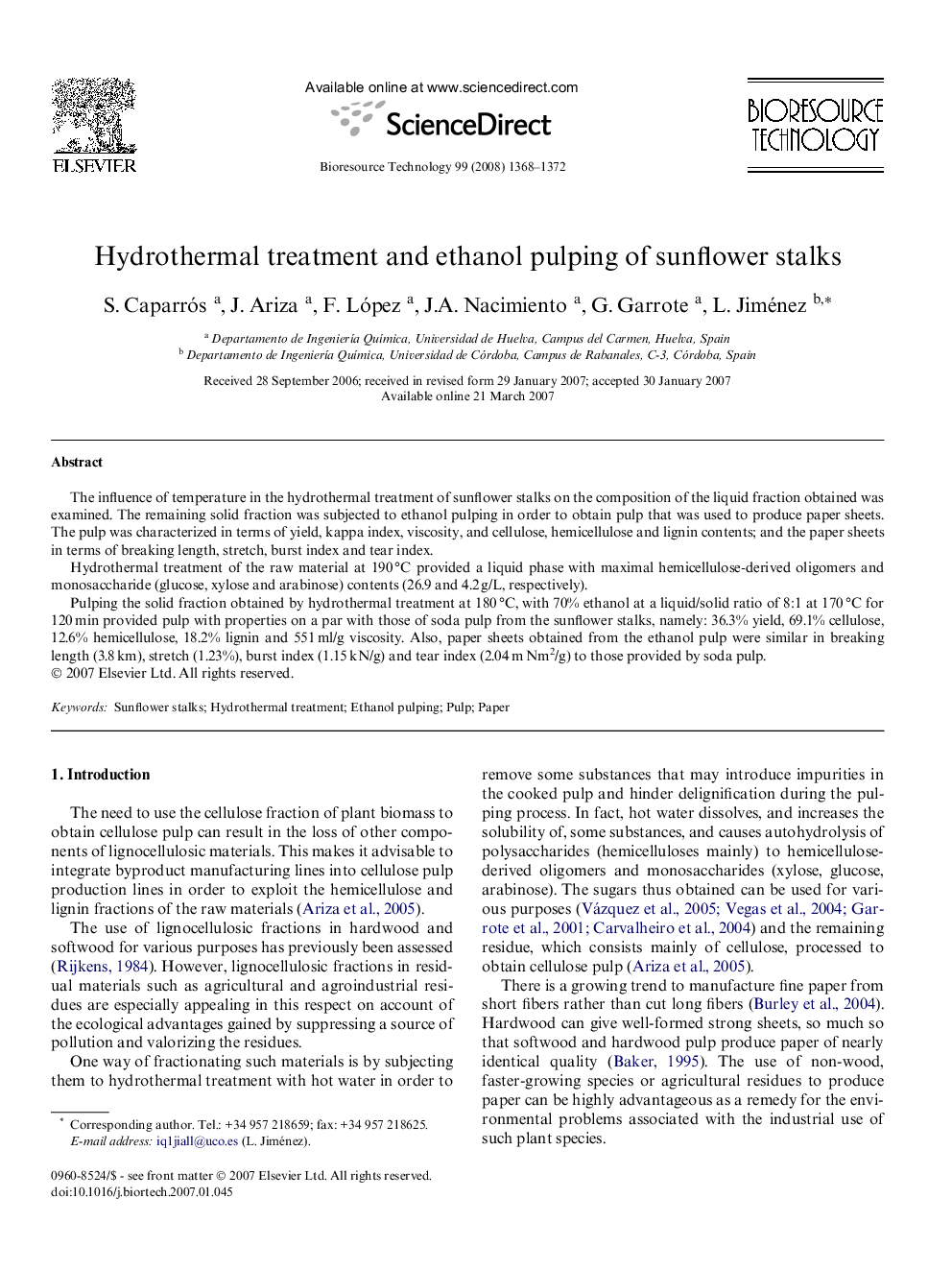 عکس صفحه اول مقاله: Hydrothermal treatment and ethanol pulping of sunflower stalks Hydrothermal treatment and ethanol pulping of sunflower stalks