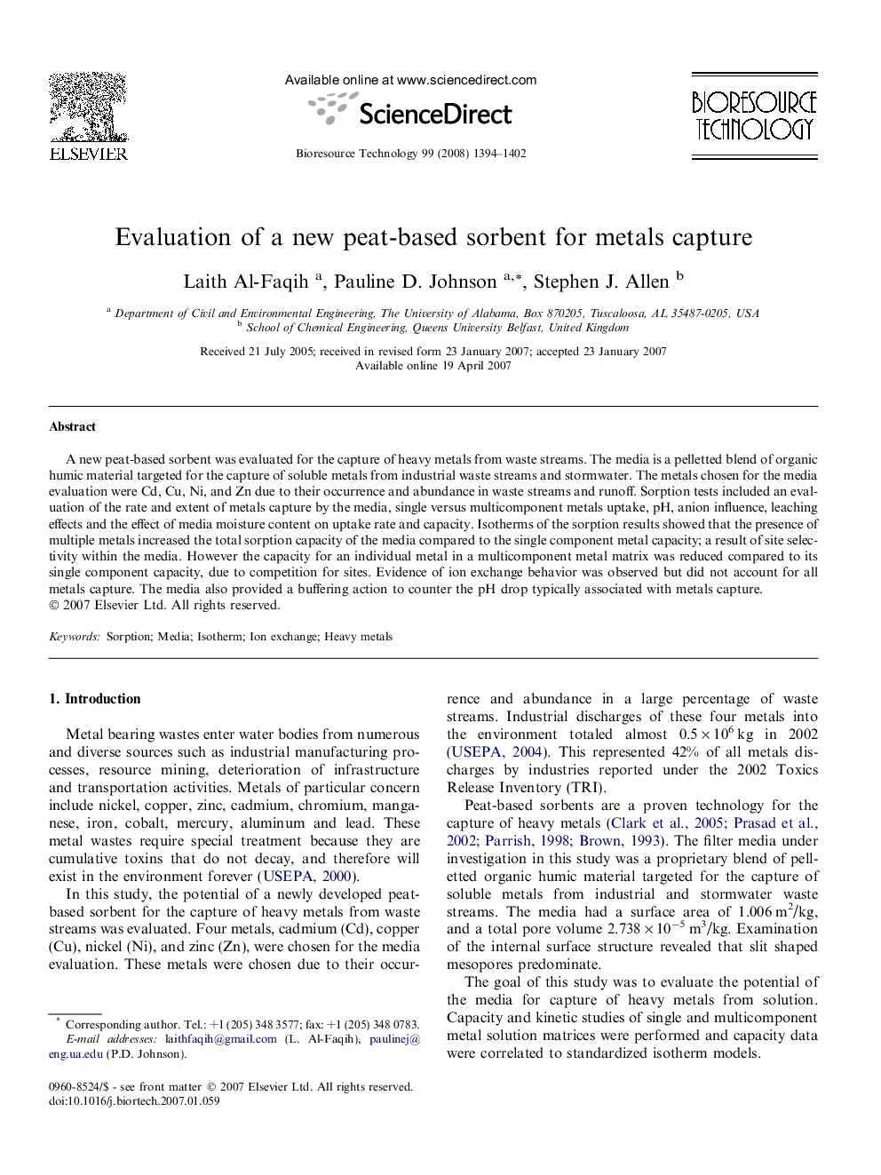 Evaluation of a new peat-based sorbent for metals capture