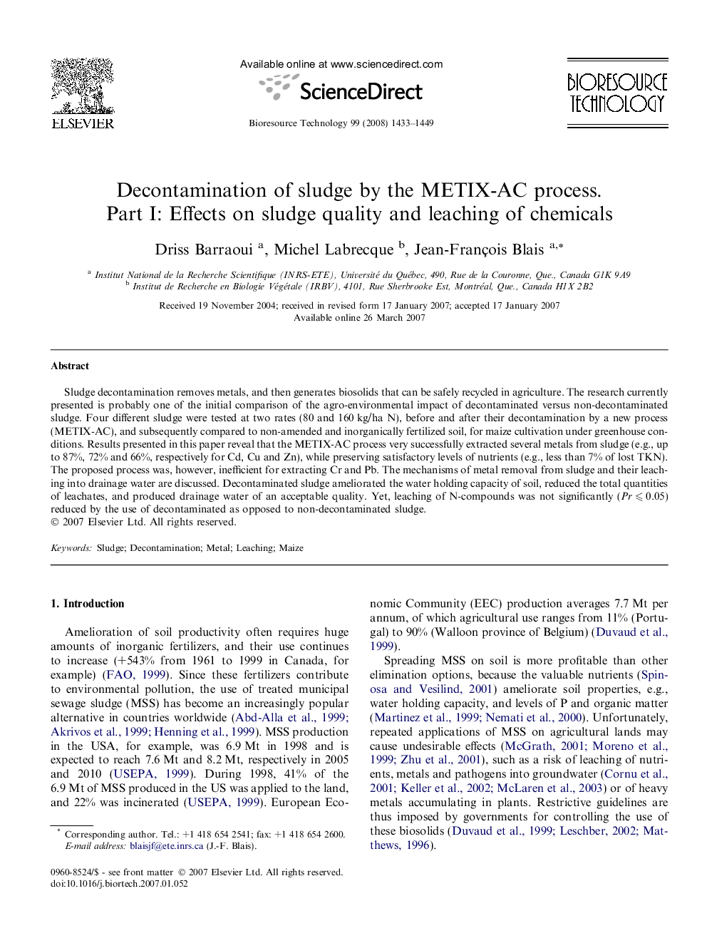 Decontamination of sludge by the METIX-AC process. Part I: Effects on sludge quality and leaching of chemicals