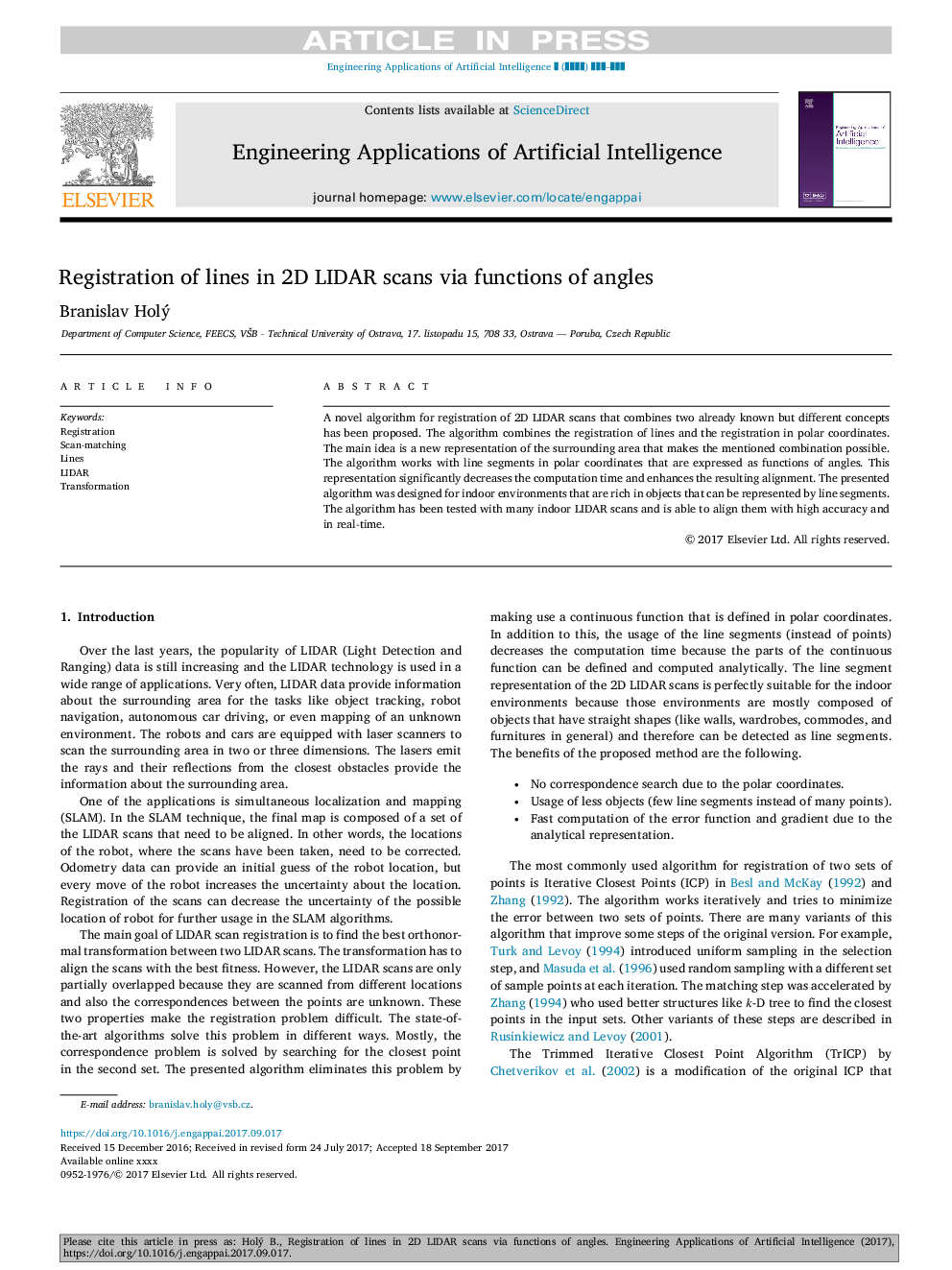 Registration of lines in 2D LIDAR scans via functions of angles