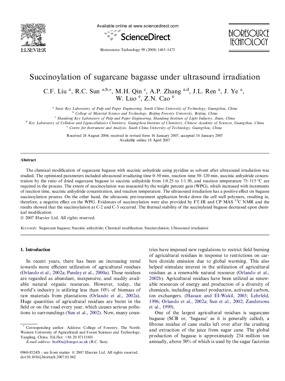 Succinoylation of sugarcane bagasse under ultrasound irradiation