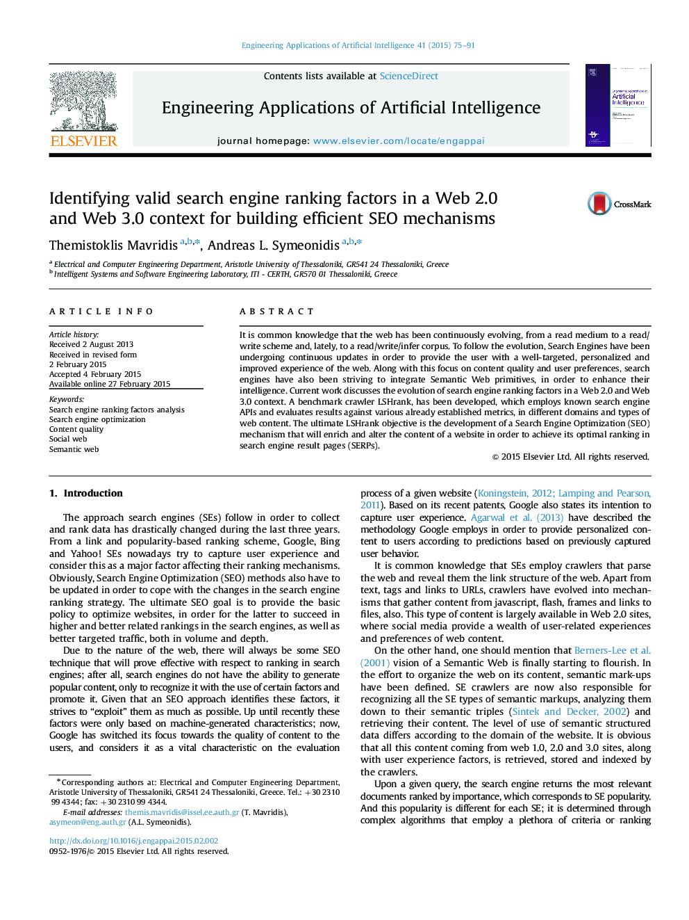 Identifying valid search engine ranking factors in a Web 2.0 and Web 3.0 context for building efficient SEO mechanisms