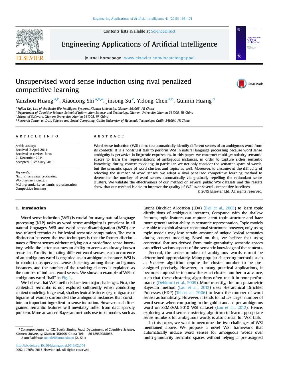 Unsupervised word sense induction using rival penalized competitive learning