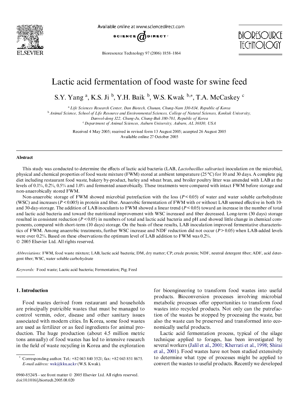 Lactic acid fermentation of food waste for swine feed