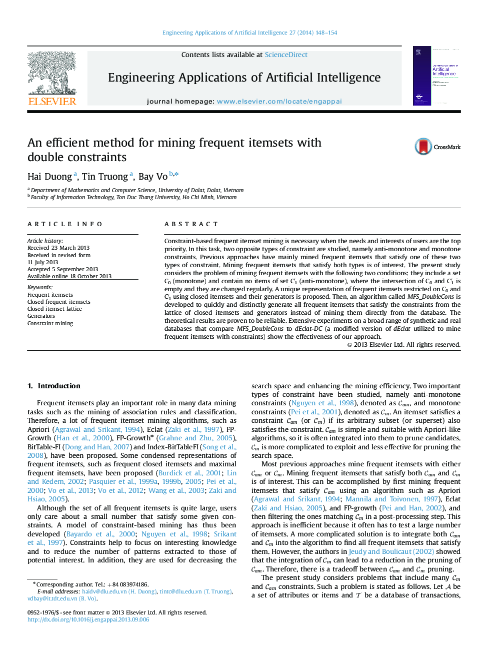 An efficient method for mining frequent itemsets with double constraints