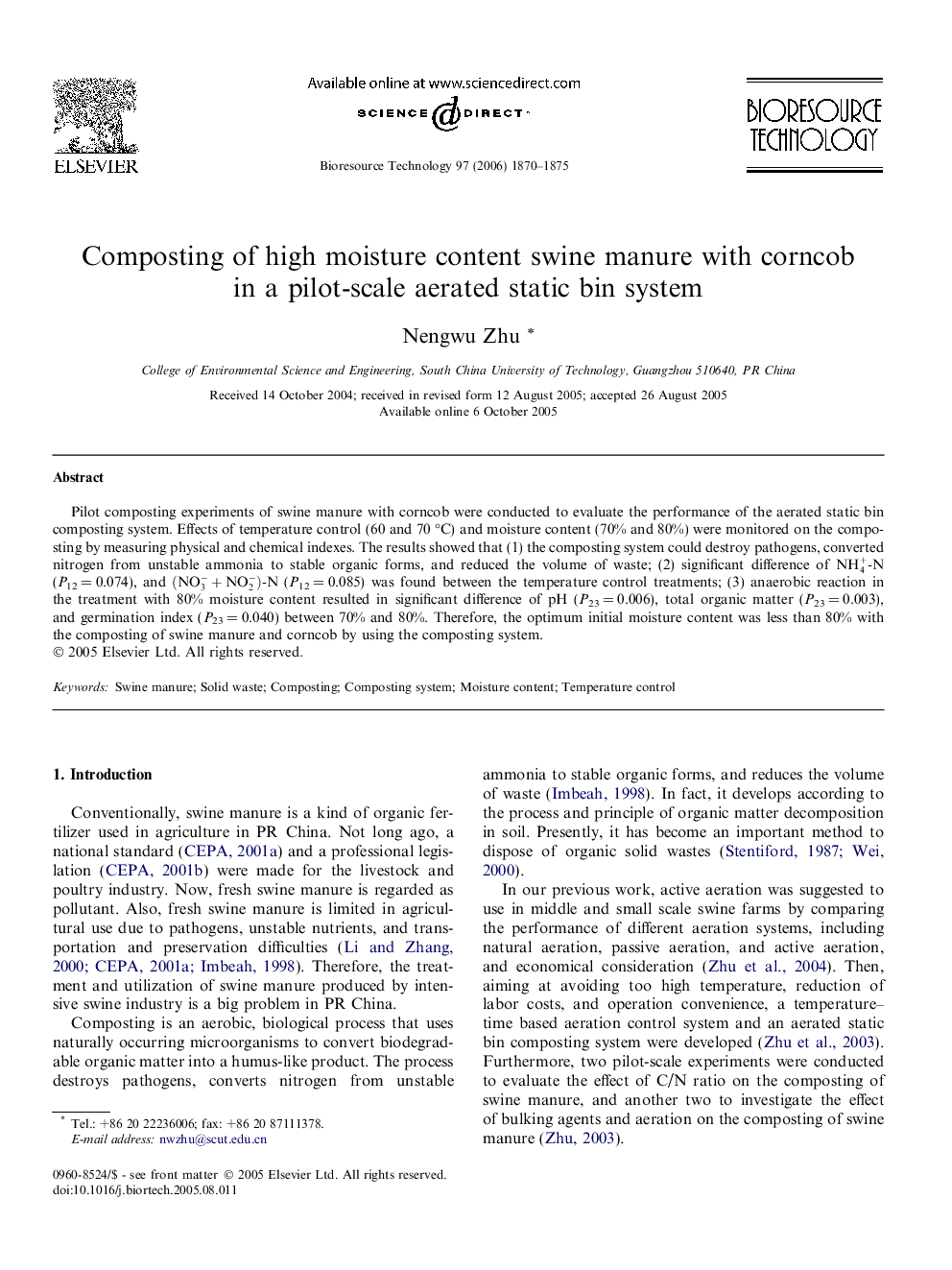 Composting of high moisture content swine manure with corncob in a pilot-scale aerated static bin system