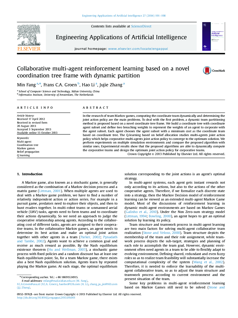 Collaborative multi-agent reinforcement learning based on a novel coordination tree frame with dynamic partition