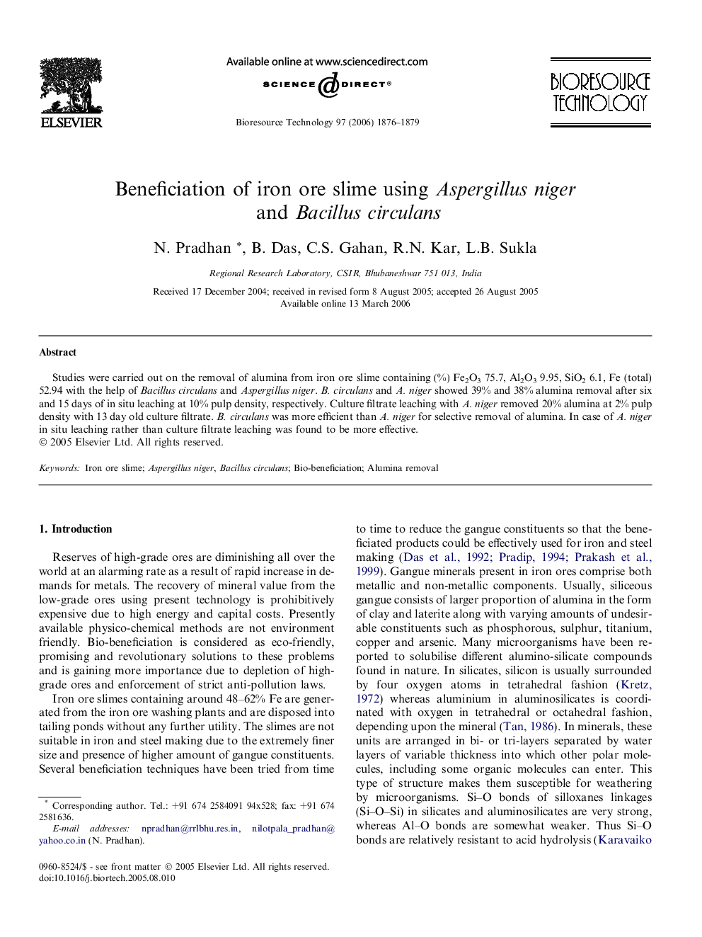 Beneficiation of iron ore slime using Aspergillus niger and Bacillus circulans