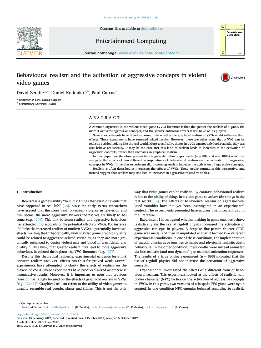 Behavioural realism and the activation of aggressive concepts in violent video games