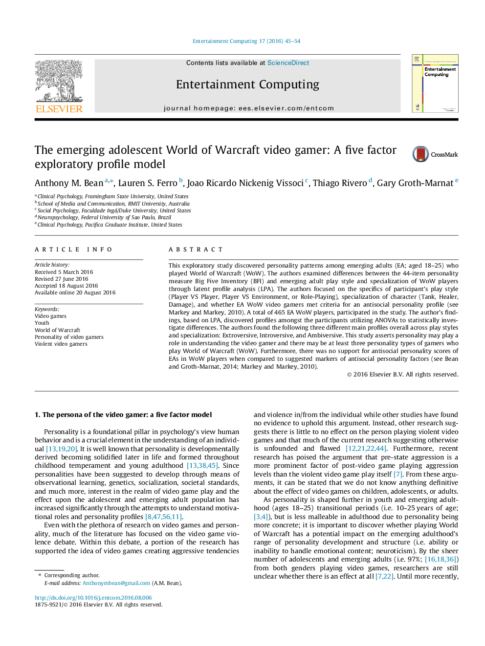 The emerging adolescent World of Warcraft video gamer: A five factor exploratory profile model