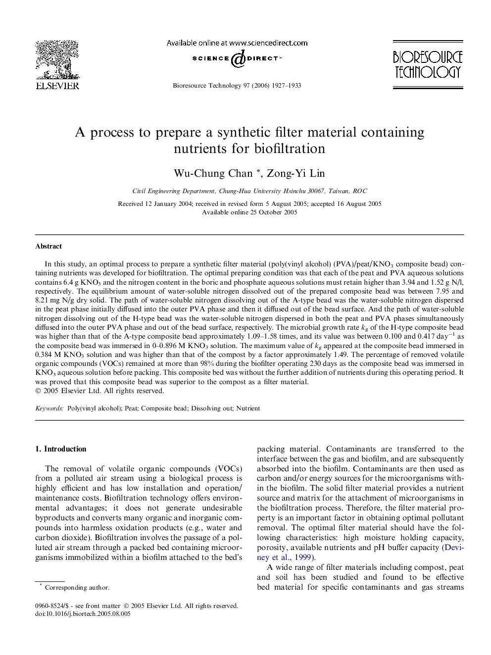 A process to prepare a synthetic filter material containing nutrients for biofiltration