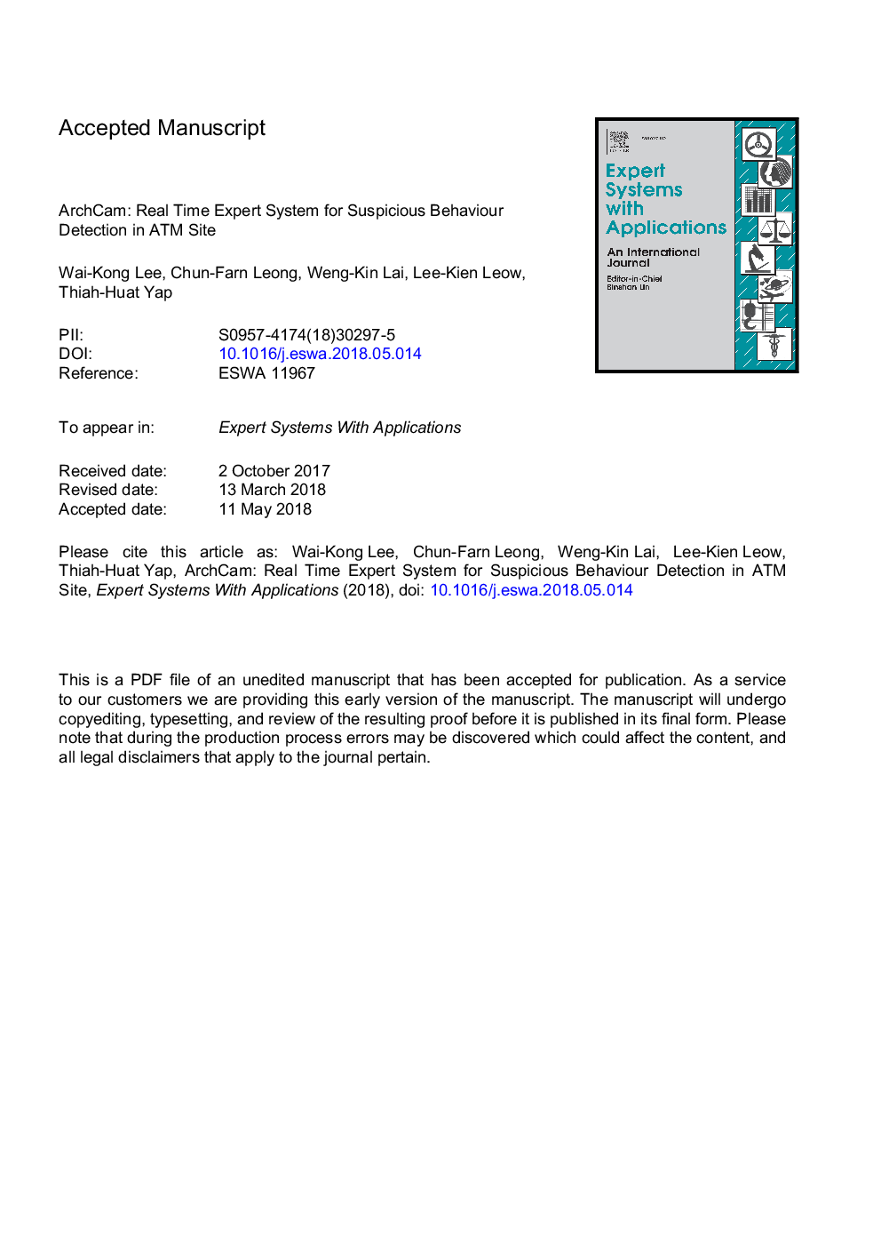 ArchCam: Real time expert system for suspicious behaviour detection in ATM site