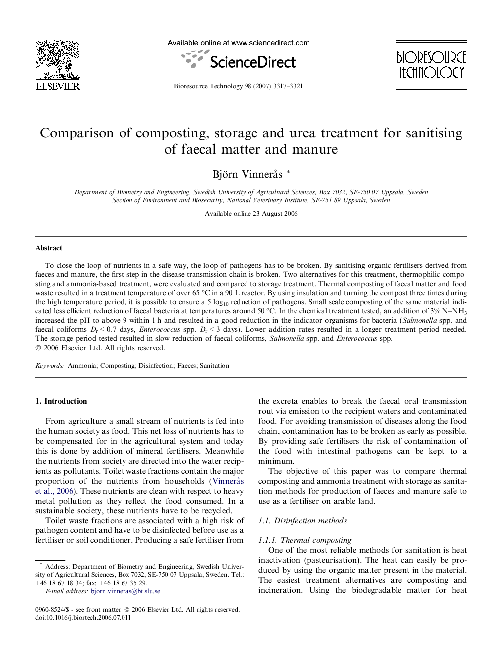 Comparison of composting, storage and urea treatment for sanitising of faecal matter and manure