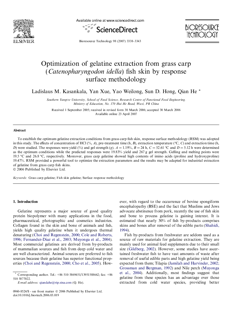 عکس صفحه اول مقاله: Optimization of gelatine extraction from grass carp (Catenopharyngodon idella) fish skin by response surface methodology Optimization of gelatine extraction from grass carp (Catenopharyngodon idella) fish skin by response surface methodology