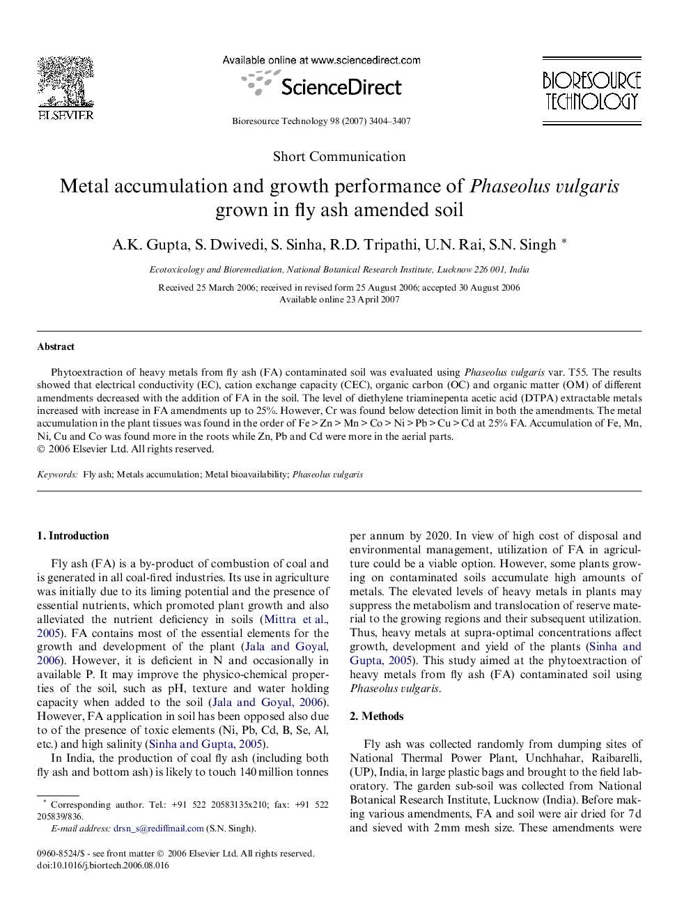 Metal accumulation and growth performance of Phaseolus vulgaris grown in fly ash amended soil