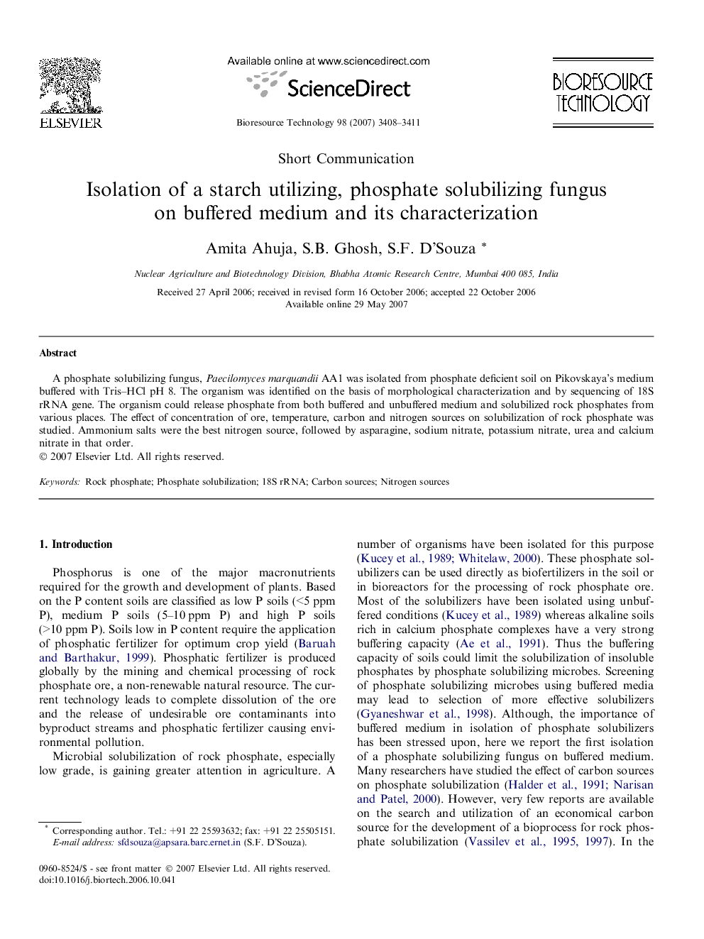 Isolation of a starch utilizing, phosphate solubilizing fungus on buffered medium and its characterization