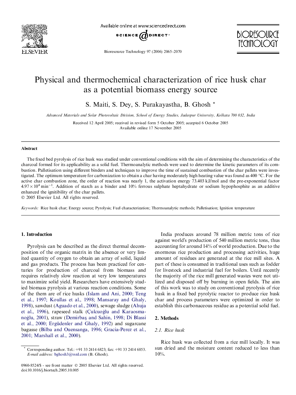 Physical and thermochemical characterization of rice husk char as a potential biomass energy source