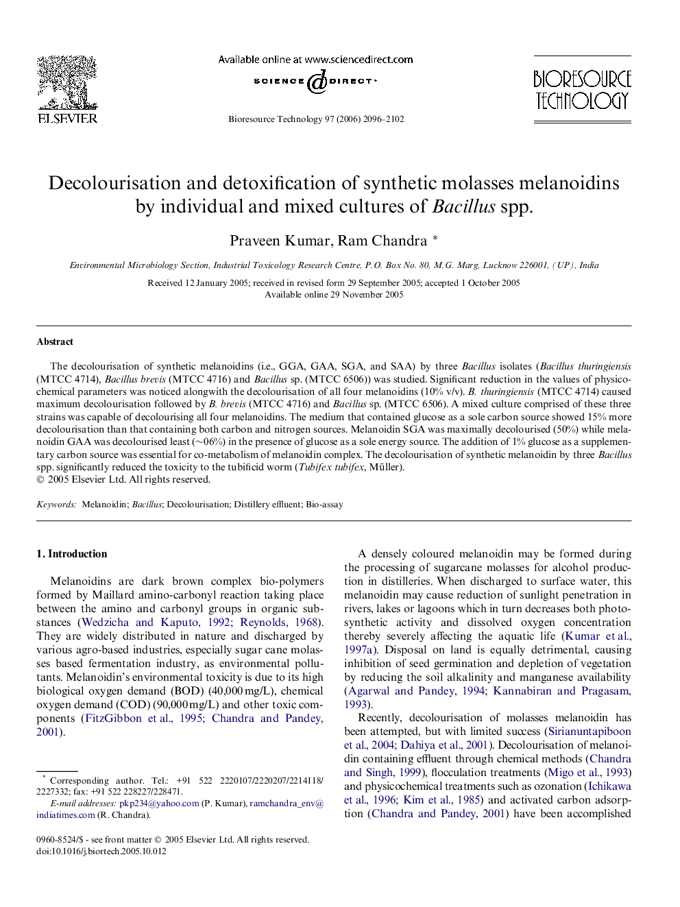 Decolourisation and detoxification of synthetic molasses melanoidins by individual and mixed cultures of Bacillus spp.