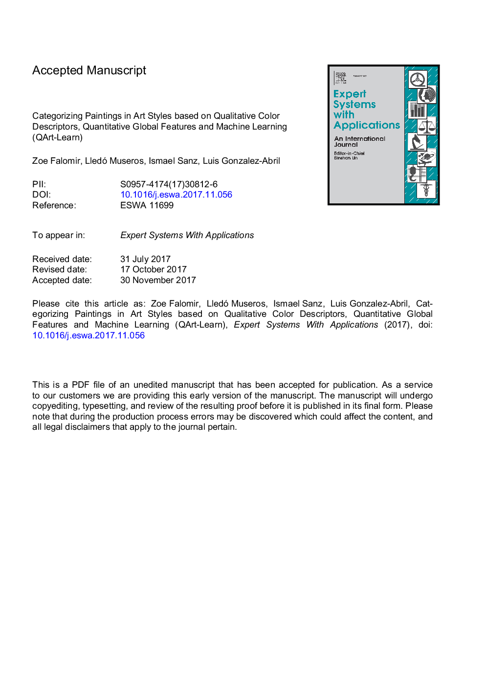 Categorizing paintings in art styles based on qualitative color descriptors, quantitative global features and machine learning (QArt-Learn)