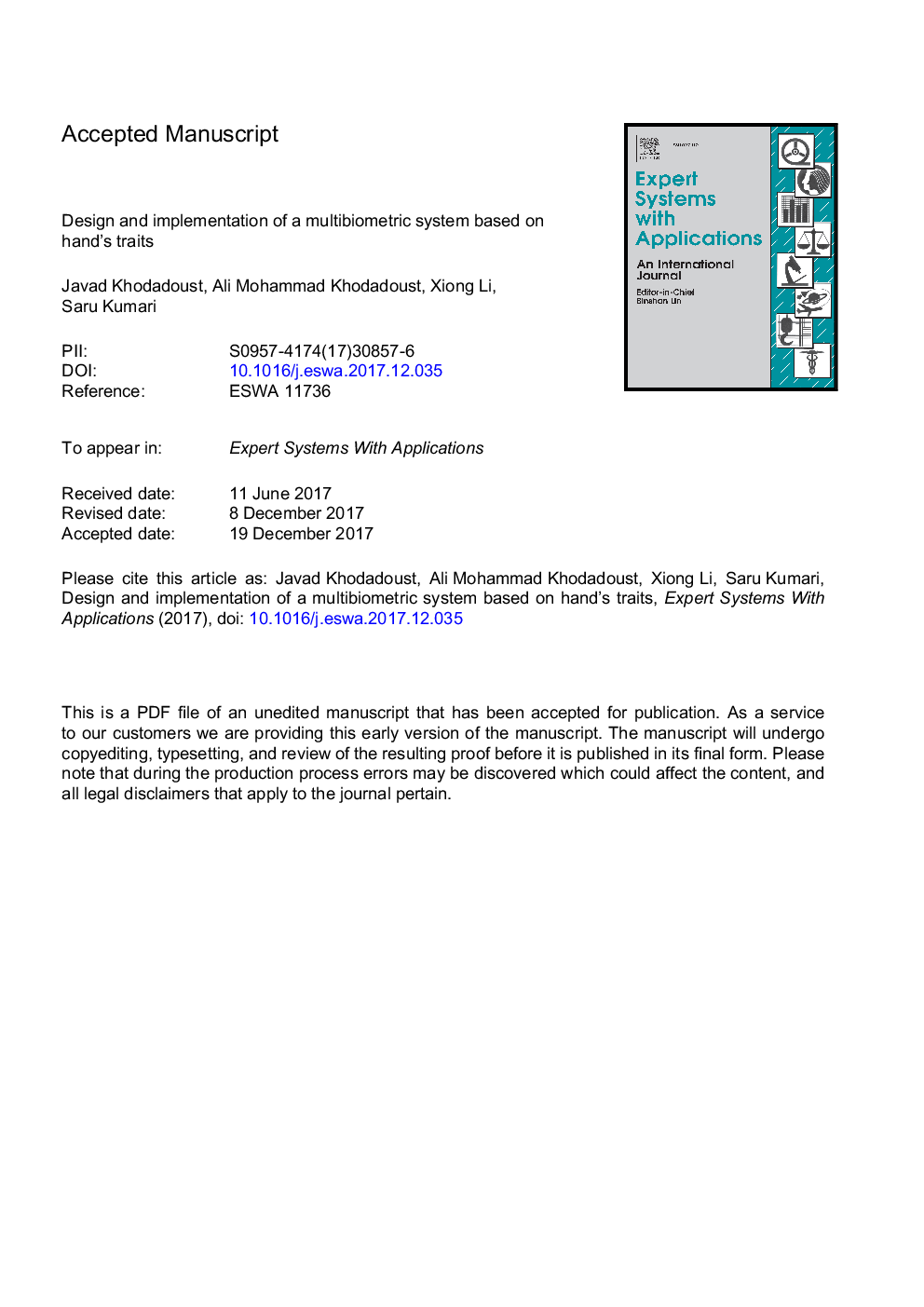 Design and implementation of a multibiometric system based on hand's traits