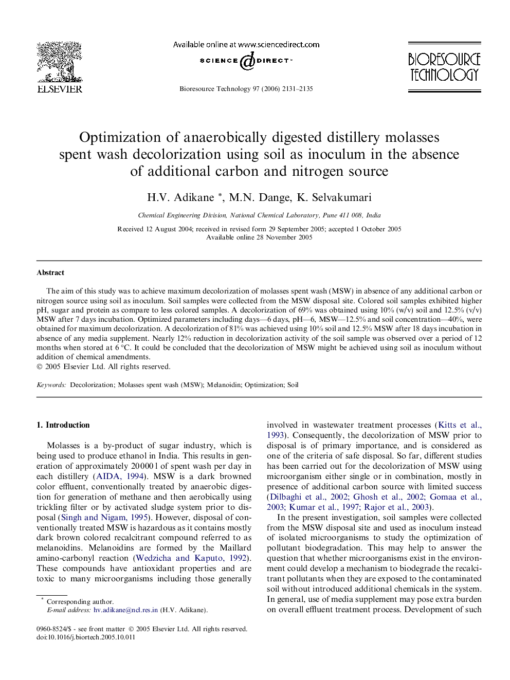 Optimization of anaerobically digested distillery molasses spent wash decolorization using soil as inoculum in the absence of additional carbon and nitrogen source