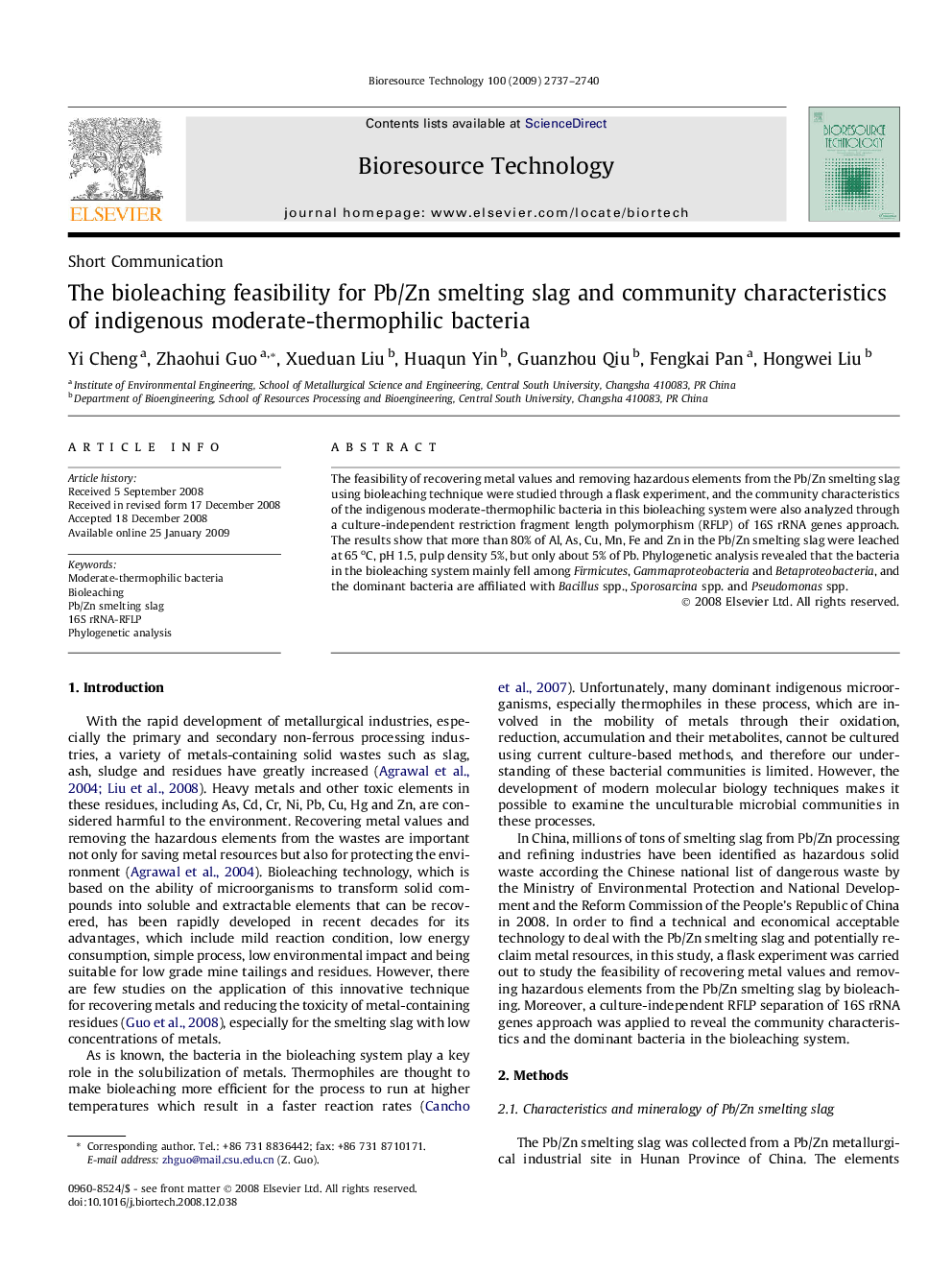 The bioleaching feasibility for Pb/Zn smelting slag and community characteristics of indigenous moderate-thermophilic bacteria