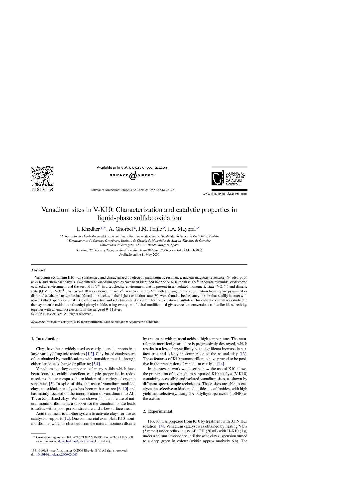 Vanadium sites in V-K10: Characterization and catalytic properties in liquid-phase sulfide oxidation