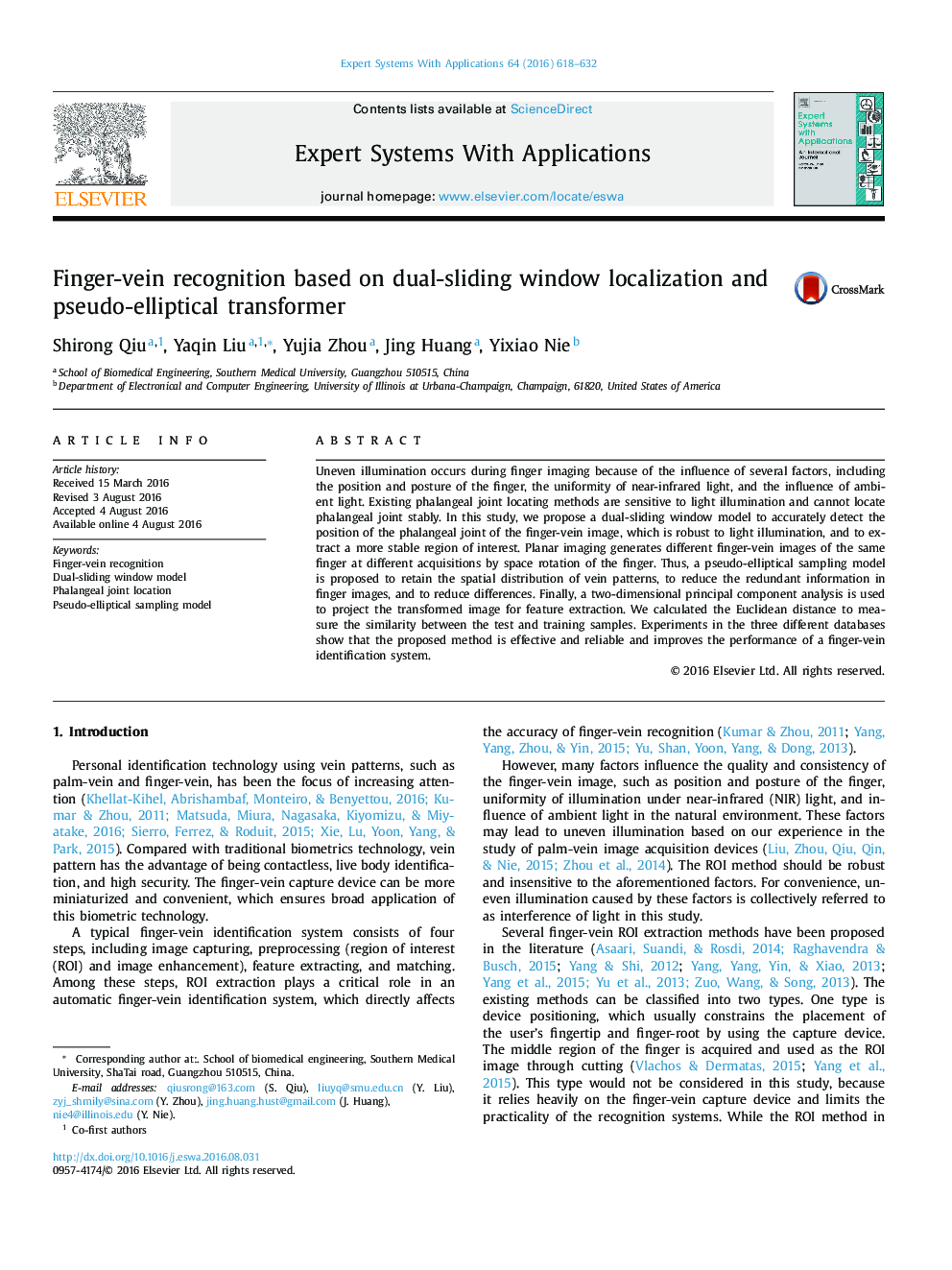 Finger-vein recognition based on dual-sliding window localization and pseudo-elliptical transformer