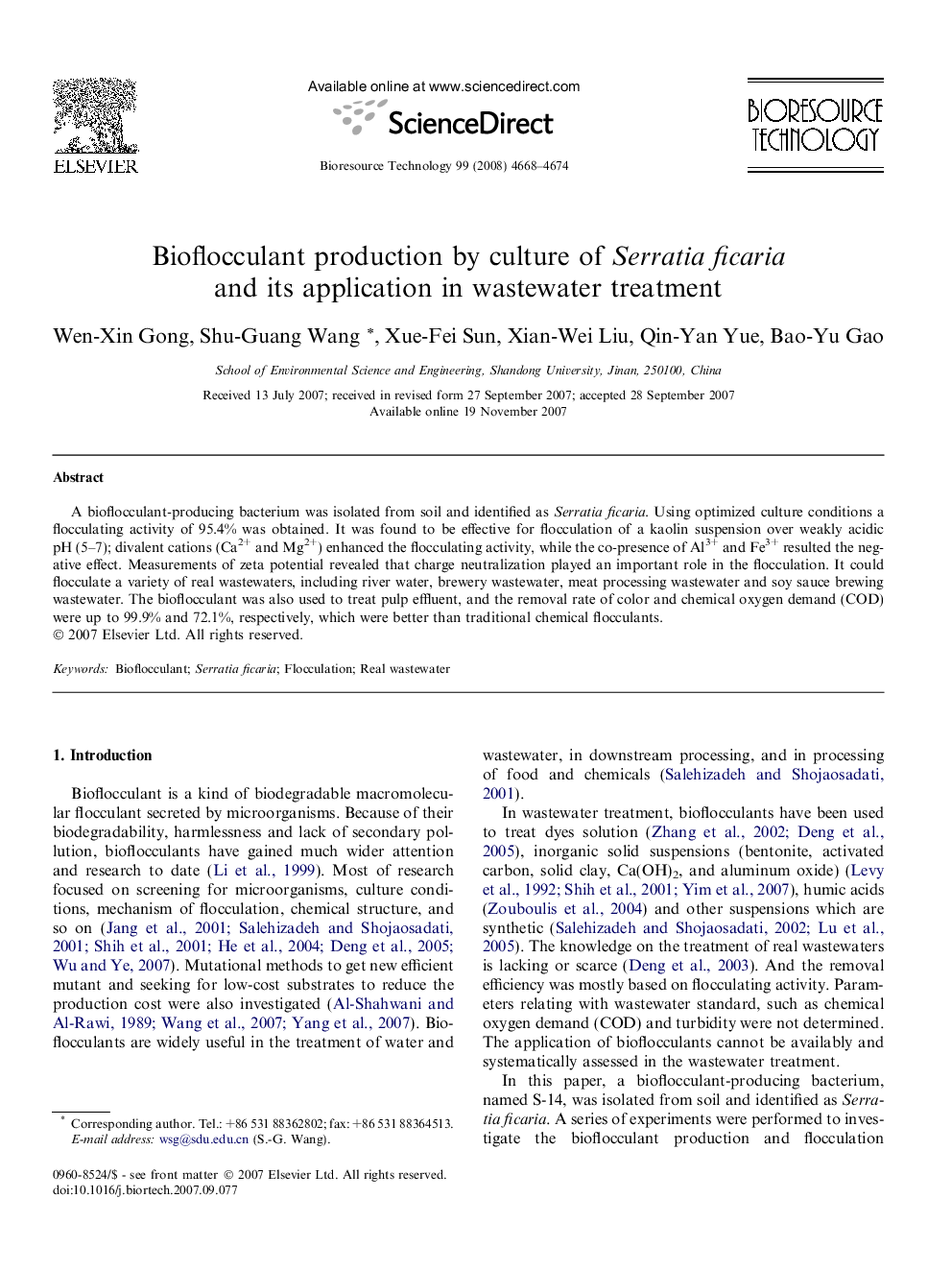 Bioflocculant production by culture of Serratia ficaria and its application in wastewater treatment