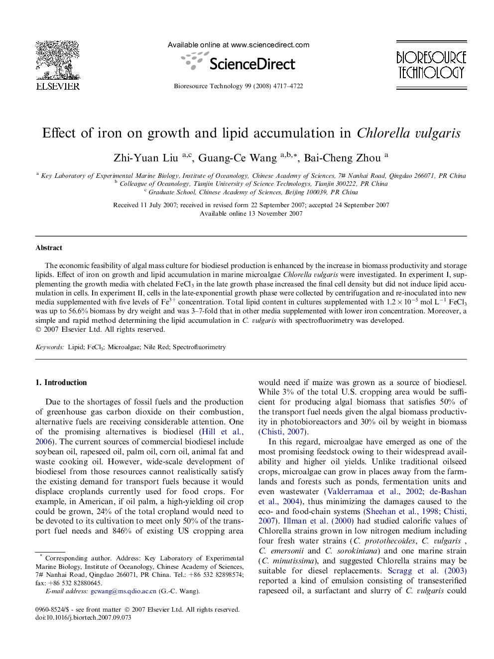 Effect of iron on growth and lipid accumulation in Chlorella vulgaris