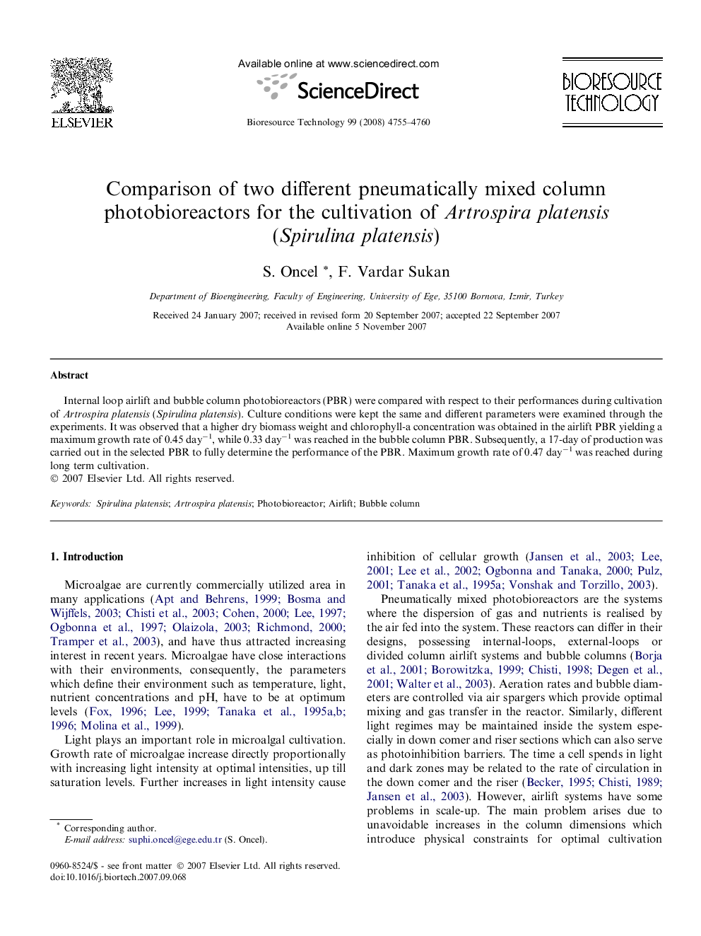 Comparison of two different pneumatically mixed column photobioreactors for the cultivation of Artrospira platensis (Spirulina platensis)