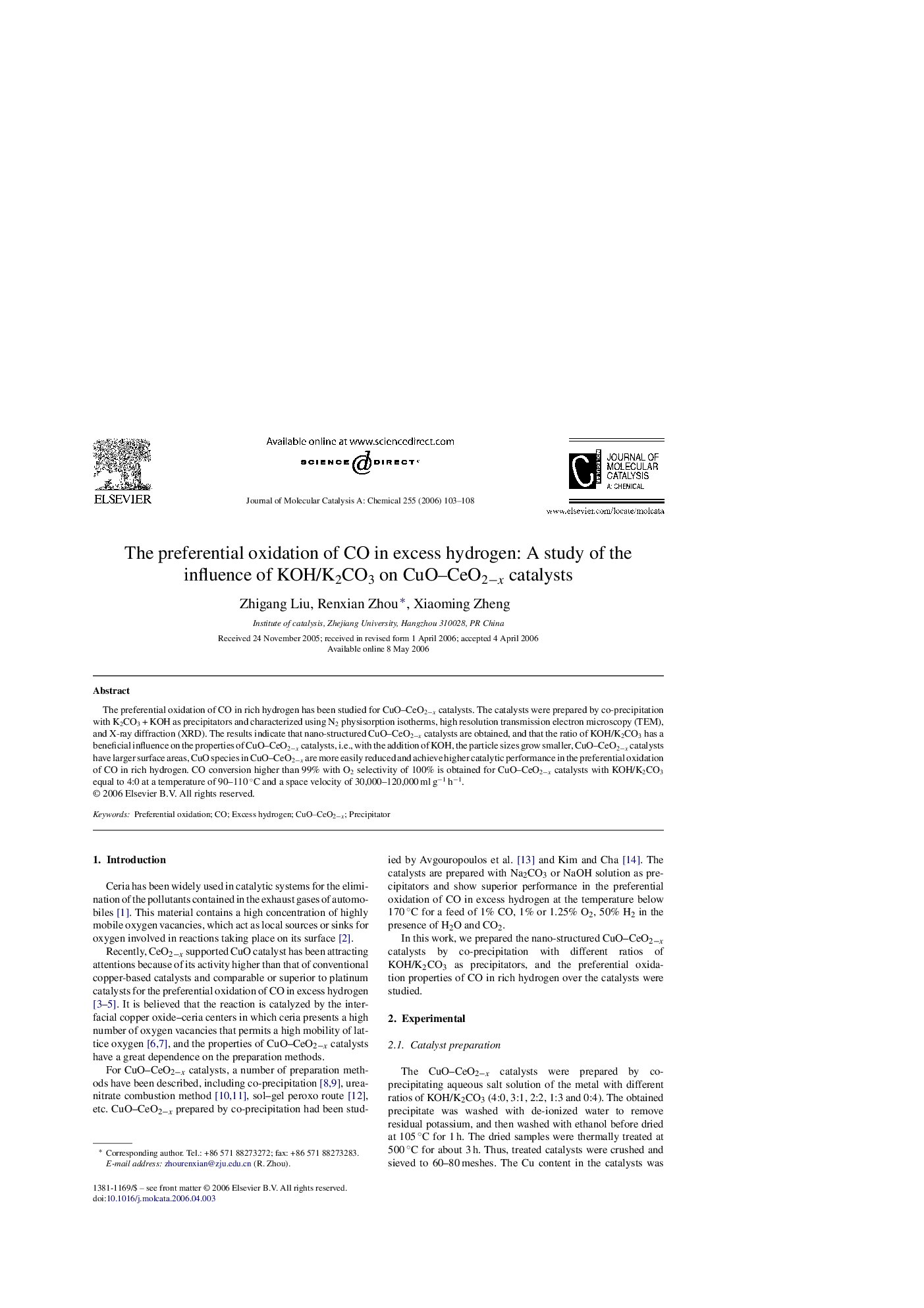 The preferential oxidation of CO in excess hydrogen: A study of the influence of KOH/K2CO3 on CuO–CeO2−x catalysts