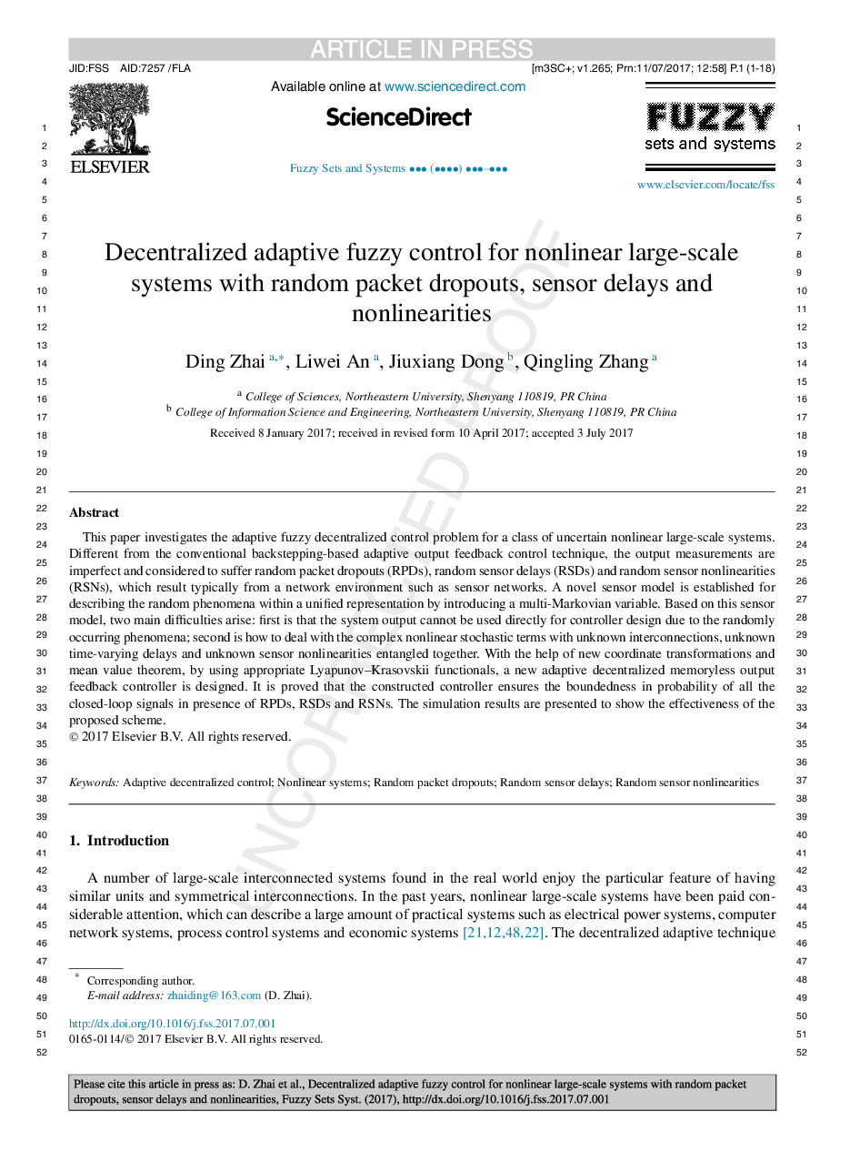 Decentralized adaptive fuzzy control for nonlinear large-scale systems with random packet dropouts, sensor delays and nonlinearities