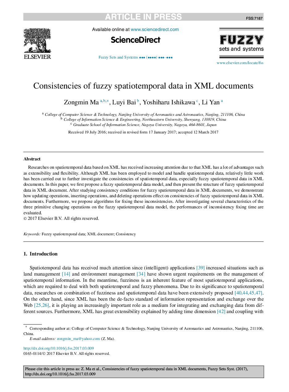 Consistencies of fuzzy spatiotemporal data in XML documents