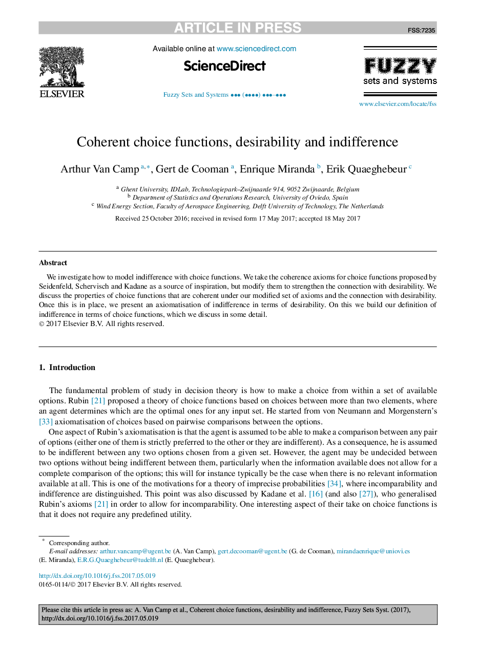 Coherent choice functions, desirability and indifference