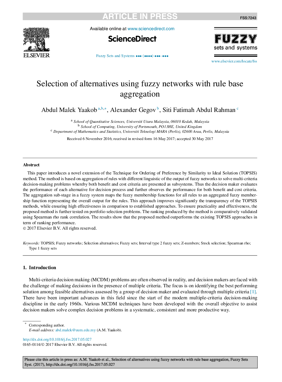 Selection of alternatives using fuzzy networks with rule base aggregation