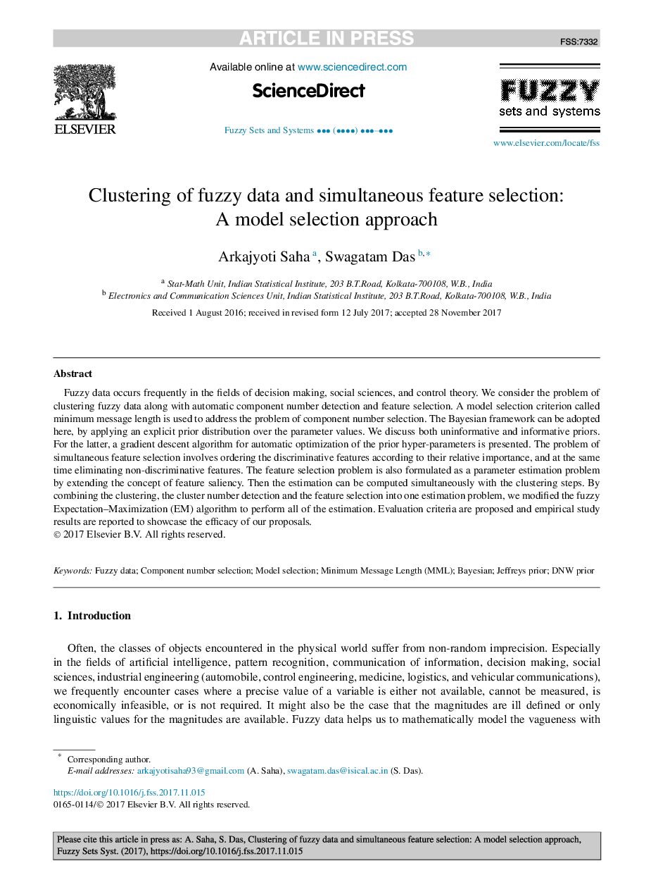 Clustering of fuzzy data and simultaneous feature selection: A model selection approach