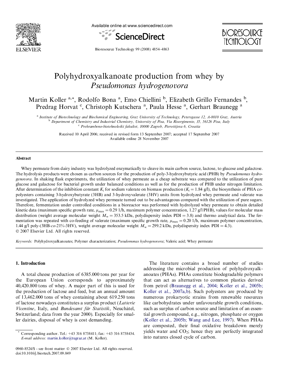 Polyhydroxyalkanoate production from whey by Pseudomonas hydrogenovora