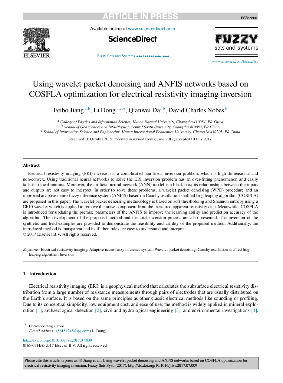 Using wavelet packet denoising and ANFIS networks based on COSFLA optimization for electrical resistivity imaging inversion