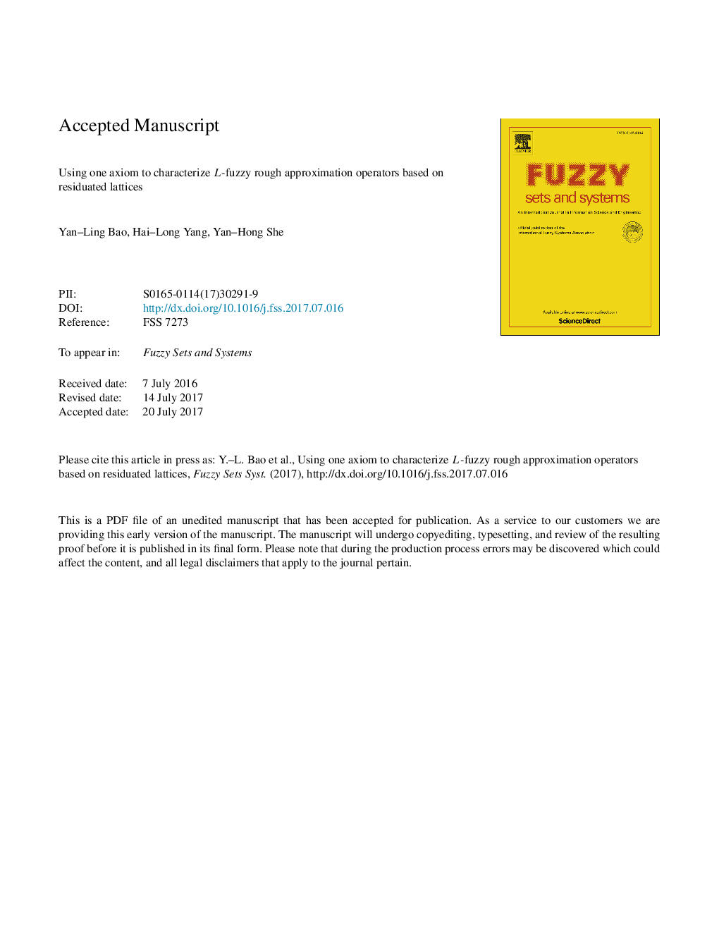 Using one axiom to characterize L-fuzzy rough approximation operators based on residuated lattices