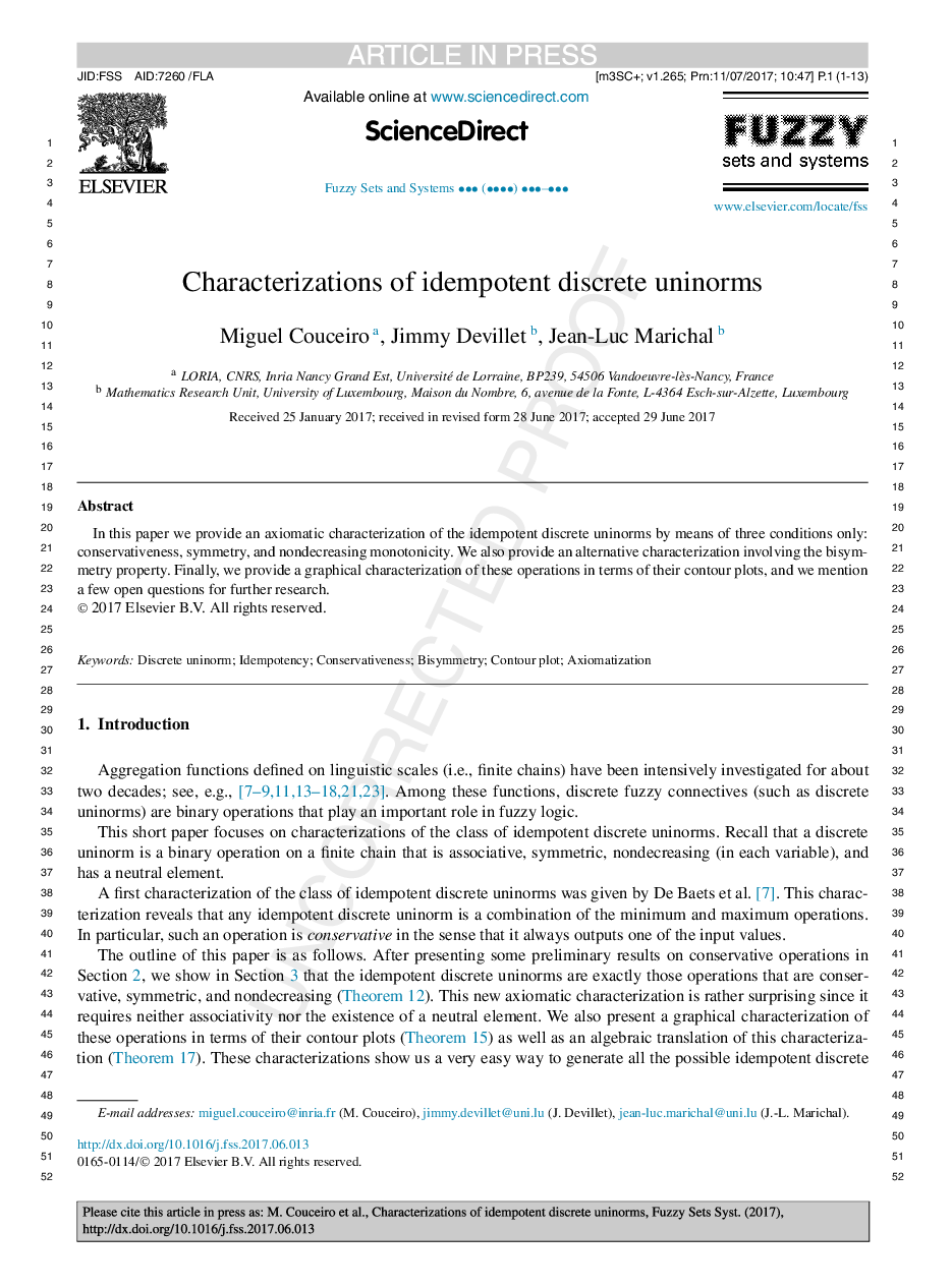 Characterizations of idempotent discrete uninorms