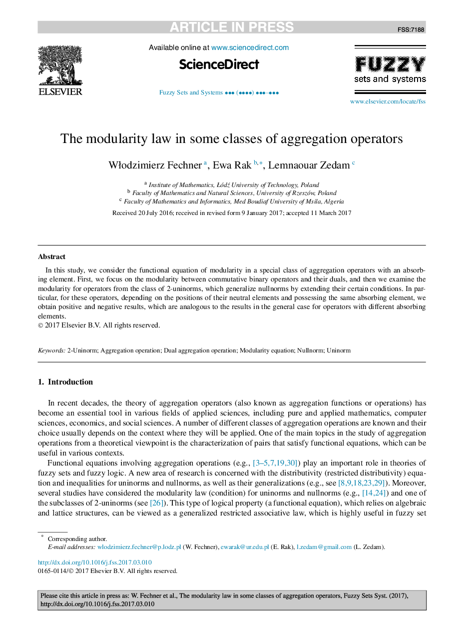 The modularity law in some classes of aggregation operators