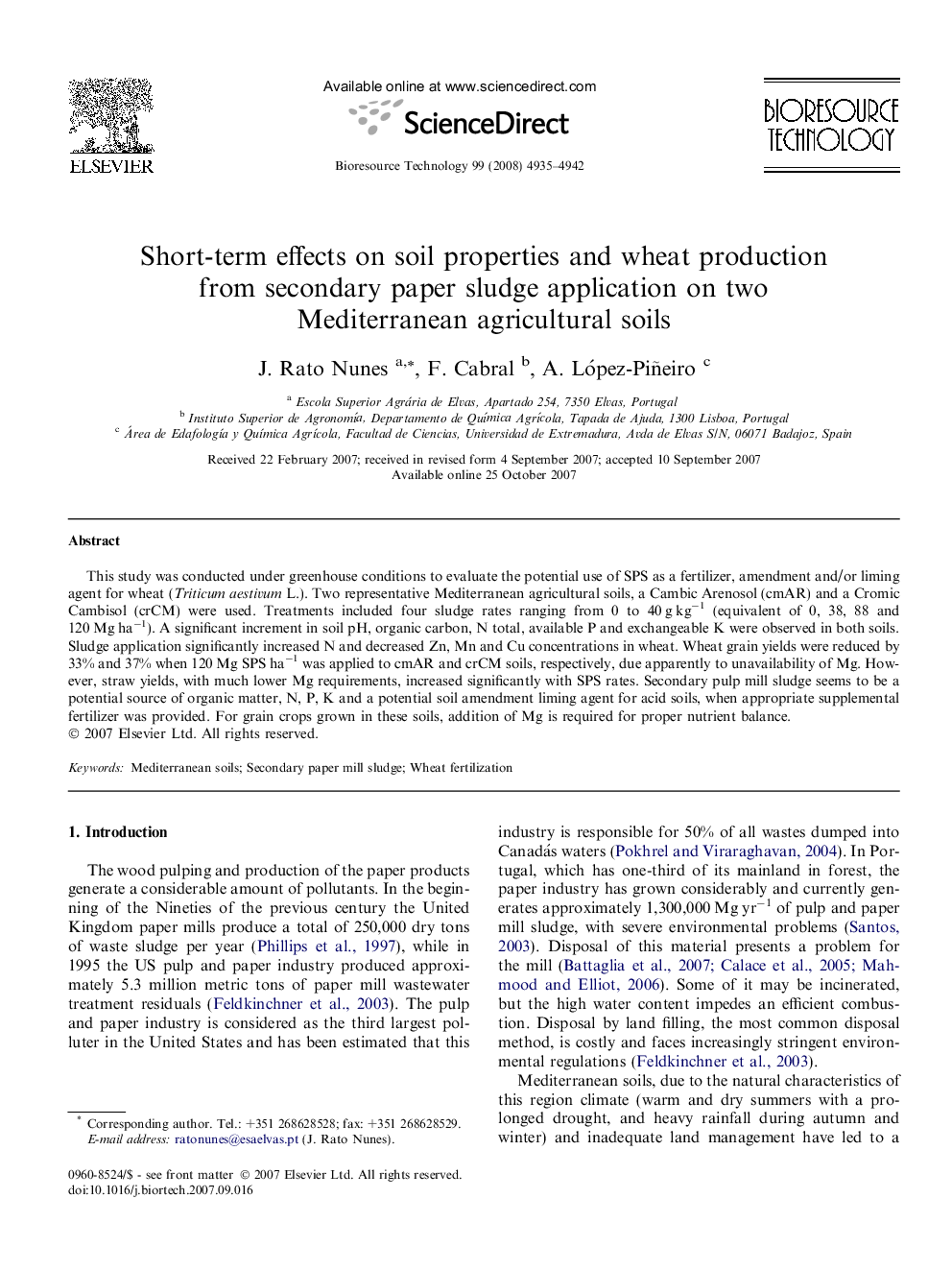 Short-term effects on soil properties and wheat production from secondary paper sludge application on two Mediterranean agricultural soils