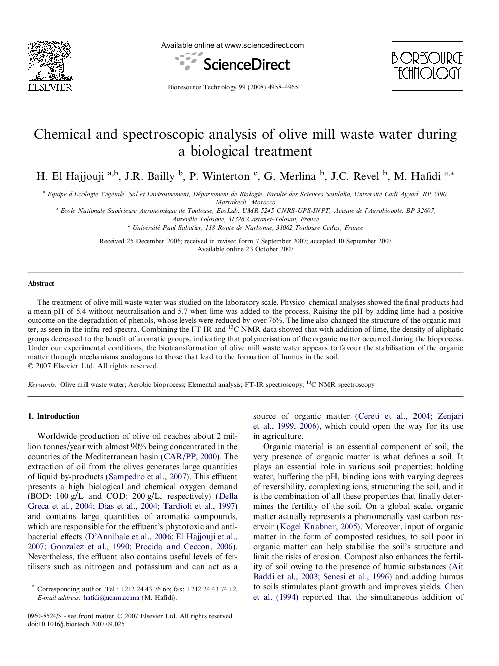 Chemical and spectroscopic analysis of olive mill waste water during a biological treatment