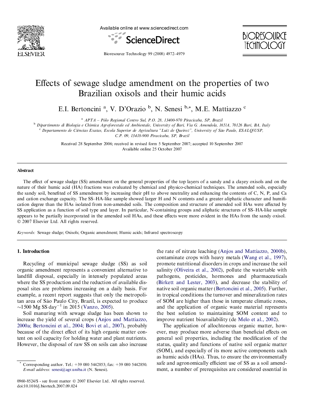 Effects of sewage sludge amendment on the properties of two Brazilian oxisols and their humic acids